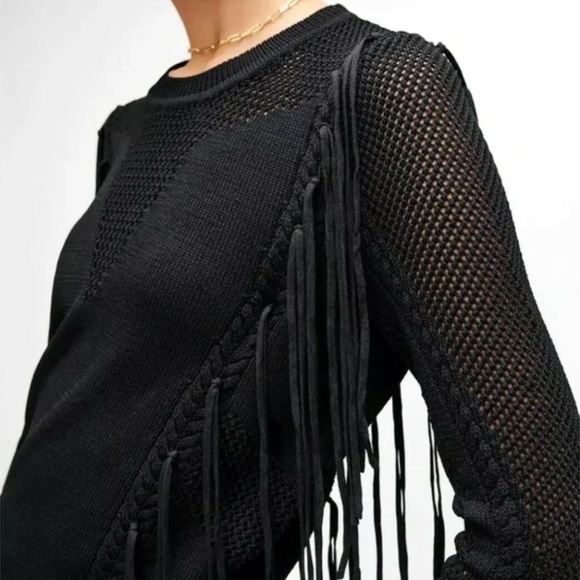 7 For All Mankind Women's Open Weave Fringe Black Sweater Size S - Picture 3 of 11